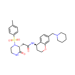 Cc1ccc(S(=O)(=O)N2CCNC(=O)[C@H]2CC(=O)N[C@@H]2CCOc3cc(CN4CCCCC4)ccc32)cc1 ZINC000071335128