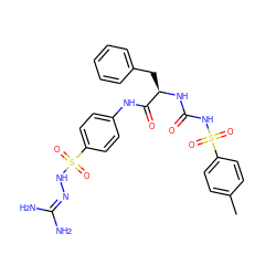 Cc1ccc(S(=O)(=O)NC(=O)N[C@H](Cc2ccccc2)C(=O)Nc2ccc(S(=O)(=O)NN=C(N)N)cc2)cc1 ZINC000029477453