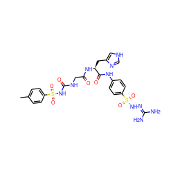 Cc1ccc(S(=O)(=O)NC(=O)NCC(=O)N[C@@H](Cc2c[nH]cn2)C(=O)Nc2ccc(S(=O)(=O)NN=C(N)N)cc2)cc1 ZINC000029482733