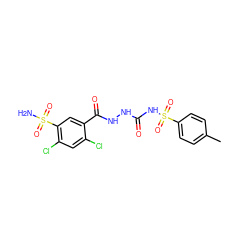 Cc1ccc(S(=O)(=O)NC(=O)NNC(=O)c2cc(S(N)(=O)=O)c(Cl)cc2Cl)cc1 ZINC000169351760