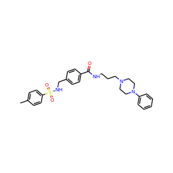 Cc1ccc(S(=O)(=O)NCc2ccc(C(=O)NCCCN3CCN(c4ccccc4)CC3)cc2)cc1 ZINC000066129487