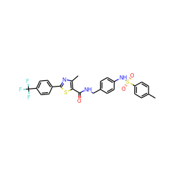 Cc1ccc(S(=O)(=O)Nc2ccc(CNC(=O)c3sc(-c4ccc(C(F)(F)F)cc4)nc3C)cc2)cc1 ZINC000028978826