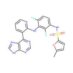 Cc1ccc(S(=O)(=O)Nc2ccc(F)c(Nc3ncccc3-c3ncnc4[nH]cnc34)c2F)o1 ZINC000166380266