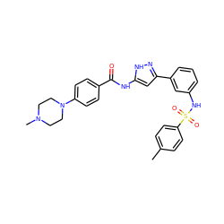 Cc1ccc(S(=O)(=O)Nc2cccc(-c3cc(NC(=O)c4ccc(N5CCN(C)CC5)cc4)[nH]n3)c2)cc1 ZINC000072178156