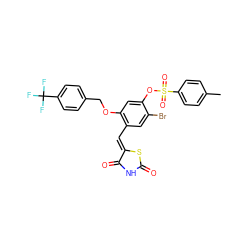 Cc1ccc(S(=O)(=O)Oc2cc(OCc3ccc(C(F)(F)F)cc3)c(/C=C3\SC(=O)NC3=O)cc2Br)cc1 ZINC000072110046