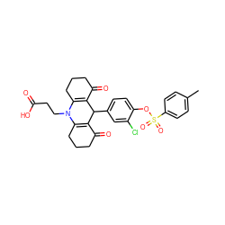 Cc1ccc(S(=O)(=O)Oc2ccc(C3C4=C(CCCC4=O)N(CCC(=O)O)C4=C3C(=O)CCC4)cc2Cl)cc1 ZINC000002115429