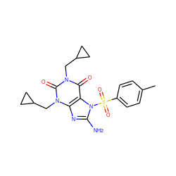 Cc1ccc(S(=O)(=O)n2c(N)nc3c2c(=O)n(CC2CC2)c(=O)n3CC2CC2)cc1 ZINC000012405549