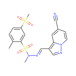 Cc1ccc(S(C)(=O)=O)cc1S(=O)(=O)N(C)/N=C/c1cnn2ccc(C#N)cc12 ZINC000073199138