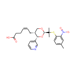 Cc1ccc(SC(C)(C)[C@@H]2OC[C@@H](C/C=C\CCC(=O)O)[C@@H](c3cccnc3)O2)c([N+](=O)[O-])c1 ZINC000027754298