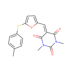 Cc1ccc(Sc2ccc(C=C3C(=O)N(C)C(=O)N(C)C3=O)o2)cc1 ZINC000001201247