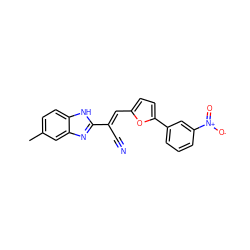 Cc1ccc2[nH]c(/C(C#N)=C/c3ccc(-c4cccc([N+](=O)[O-])c4)o3)nc2c1 ZINC000008690017