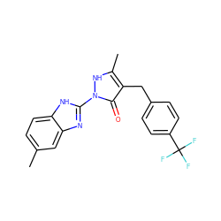 Cc1ccc2[nH]c(-n3[nH]c(C)c(Cc4ccc(C(F)(F)F)cc4)c3=O)nc2c1 ZINC000169330074