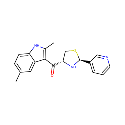 Cc1ccc2[nH]c(C)c(C(=O)[C@@H]3CS[C@@H](c4cccnc4)N3)c2c1 ZINC000013737512