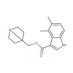 Cc1ccc2[nH]cc(C(=O)OCC34CCN(CC3)CC4)c2c1C ZINC001772571455