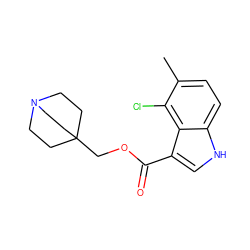 Cc1ccc2[nH]cc(C(=O)OCC34CCN(CC3)CC4)c2c1Cl ZINC001772632467