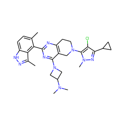 Cc1ccc2[nH]nc(C)c2c1-c1nc2c(c(N3CC(N(C)C)C3)n1)CN(c1c(Cl)c(C3CC3)nn1C)CC2 ZINC000146947987