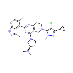 Cc1ccc2[nH]nc(C)c2c1-c1nc2c(c(N3CC[C@@H](N(C)C)C3)n1)CN(c1c(Cl)c(C3CC3)nn1C)CC2 ZINC000146937321