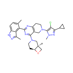 Cc1ccc2[nH]nc(C)c2c1-c1nc2c(c(N3CC[C@@H]4OC[C@]4(C)C3)n1)CN(c1c(Cl)c(C3CC3)nn1C)CC2 ZINC000149140059