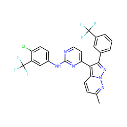 Cc1ccc2c(-c3ccnc(Nc4ccc(Cl)c(C(F)(F)F)c4)n3)c(-c3cccc(C(F)(F)F)c3)nn2n1 ZINC000014945975