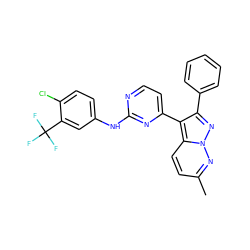 Cc1ccc2c(-c3ccnc(Nc4ccc(Cl)c(C(F)(F)F)c4)n3)c(-c3ccccc3)nn2n1 ZINC000013582733