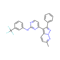 Cc1ccc2c(-c3ccnc(Nc4cccc(C(F)(F)F)c4)n3)c(-c3ccccc3)nn2n1 ZINC000013582727