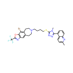 Cc1ccc2c(-c3nnc(SCCCCN4CCc5cc6nc(C(F)(F)F)oc6c(Br)c5CC4)n3C)cccc2n1 ZINC000029127365