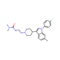 Cc1ccc2c(C3CCN(CCNC(=O)N(C)C)CC3)cn(-c3ccc(F)cc3)c2c1 ZINC000013731211