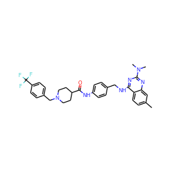 Cc1ccc2c(NCc3ccc(NC(=O)C4CCN(Cc5ccc(C(F)(F)F)cc5)CC4)cc3)nc(N(C)C)nc2c1 ZINC000145569220