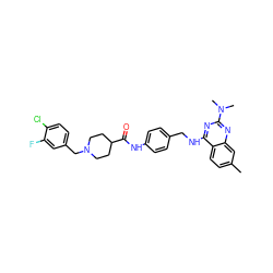 Cc1ccc2c(NCc3ccc(NC(=O)C4CCN(Cc5ccc(Cl)c(F)c5)CC4)cc3)nc(N(C)C)nc2c1 ZINC000144486022