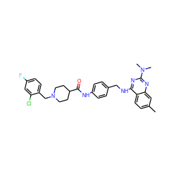 Cc1ccc2c(NCc3ccc(NC(=O)C4CCN(Cc5ccc(F)cc5Cl)CC4)cc3)nc(N(C)C)nc2c1 ZINC000049694583