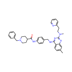 Cc1ccc2c(NCc3ccc(NC(=O)C4CCN(Cc5ccccc5)CC4)cc3)nc(N(C)CCc3ccccn3)nc2c1 ZINC000144815076