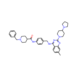 Cc1ccc2c(NCc3ccc(NC(=O)C4CCN(Cc5ccccc5)CC4)cc3)nc(N3CCC(N4CCCC4)CC3)nc2c1 ZINC000049670131