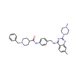 Cc1ccc2c(NCc3ccc(NC(=O)C4CCN(Cc5ccccc5)CC4)cc3)nc(N3CCN(C)CC3)nc2c1 ZINC000049680007