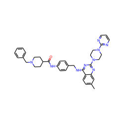 Cc1ccc2c(NCc3ccc(NC(=O)C4CCN(Cc5ccccc5)CC4)cc3)nc(N3CCN(c4ncccn4)CC3)nc2c1 ZINC000144481384