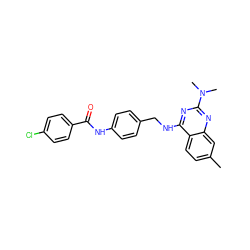 Cc1ccc2c(NCc3ccc(NC(=O)c4ccc(Cl)cc4)cc3)nc(N(C)C)nc2c1 ZINC000145935850