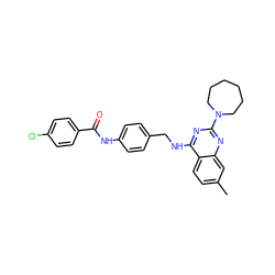 Cc1ccc2c(NCc3ccc(NC(=O)c4ccc(Cl)cc4)cc3)nc(N3CCCCCC3)nc2c1 ZINC000141980601