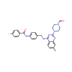 Cc1ccc2c(NCc3ccc(NC(=O)c4ccc(F)cc4)cc3)nc(N3CCN(C=O)CC3)nc2c1 ZINC000145963844