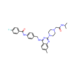 Cc1ccc2c(NCc3ccc(NC(=O)c4ccc(F)cc4)cc3)nc(N3CCN(CC(=O)NC(C)C)CC3)nc2c1 ZINC000144055728