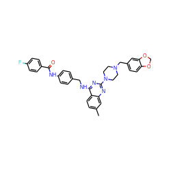 Cc1ccc2c(NCc3ccc(NC(=O)c4ccc(F)cc4)cc3)nc(N3CCN(Cc4ccc5c(c4)OCO5)CC3)nc2c1 ZINC000141990284