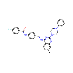 Cc1ccc2c(NCc3ccc(NC(=O)c4ccc(F)cc4)cc3)nc(N3CCN(c4ccccc4)CC3)nc2c1 ZINC000145142280