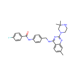 Cc1ccc2c(NCc3ccc(NC(=O)c4ccc(F)cc4)cc3)nc(N3CCNC(C)(C)C3)nc2c1 ZINC000045254503