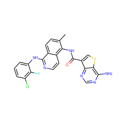 Cc1ccc2c(Nc3cccc(Cl)c3F)nccc2c1NC(=O)c1csc2c(N)ncnc12 ZINC000146184679