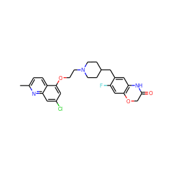 Cc1ccc2c(OCCN3CCC(Cc4cc5c(cc4F)OCC(=O)N5)CC3)cc(Cl)cc2n1 ZINC000028887284