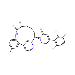 Cc1ccc2c(c1)-c1ccnc(c1)[C@@H](N1CCC(c3c(F)ccc(Cl)c3F)=CC1=O)CCC[C@@H](C)C(=O)N2 ZINC000220126280