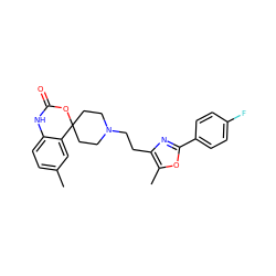 Cc1ccc2c(c1)C1(CCN(CCc3nc(-c4ccc(F)cc4)oc3C)CC1)OC(=O)N2 ZINC000029483791