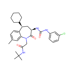 Cc1ccc2c(c1)N(CC(=O)NC(C)(C)C)C(=O)[C@H](NC(=O)Nc1cccc(Cl)c1)C[C@@H]2C1CCCCC1 ZINC000027214894