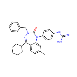 Cc1ccc2c(c1)N(c1ccc(NC(=N)N)cc1)C(=O)N(Cc1ccccc1)N=C2C1CCCCC1 ZINC000028711873