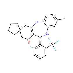 Cc1ccc2c(c1)N[C@H](c1c(F)cccc1C(F)(F)F)C1=C(CC3(CCCC3)CC1=O)N2 ZINC000043019714