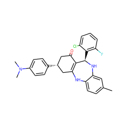 Cc1ccc2c(c1)N[C@H](c1c(F)cccc1Cl)C1=C(C[C@H](c3ccc(N(C)C)cc3)CC1=O)N2 ZINC000043018609