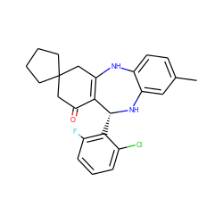 Cc1ccc2c(c1)N[C@H](c1c(F)cccc1Cl)C1=C(CC3(CCCC3)CC1=O)N2 ZINC000043120338